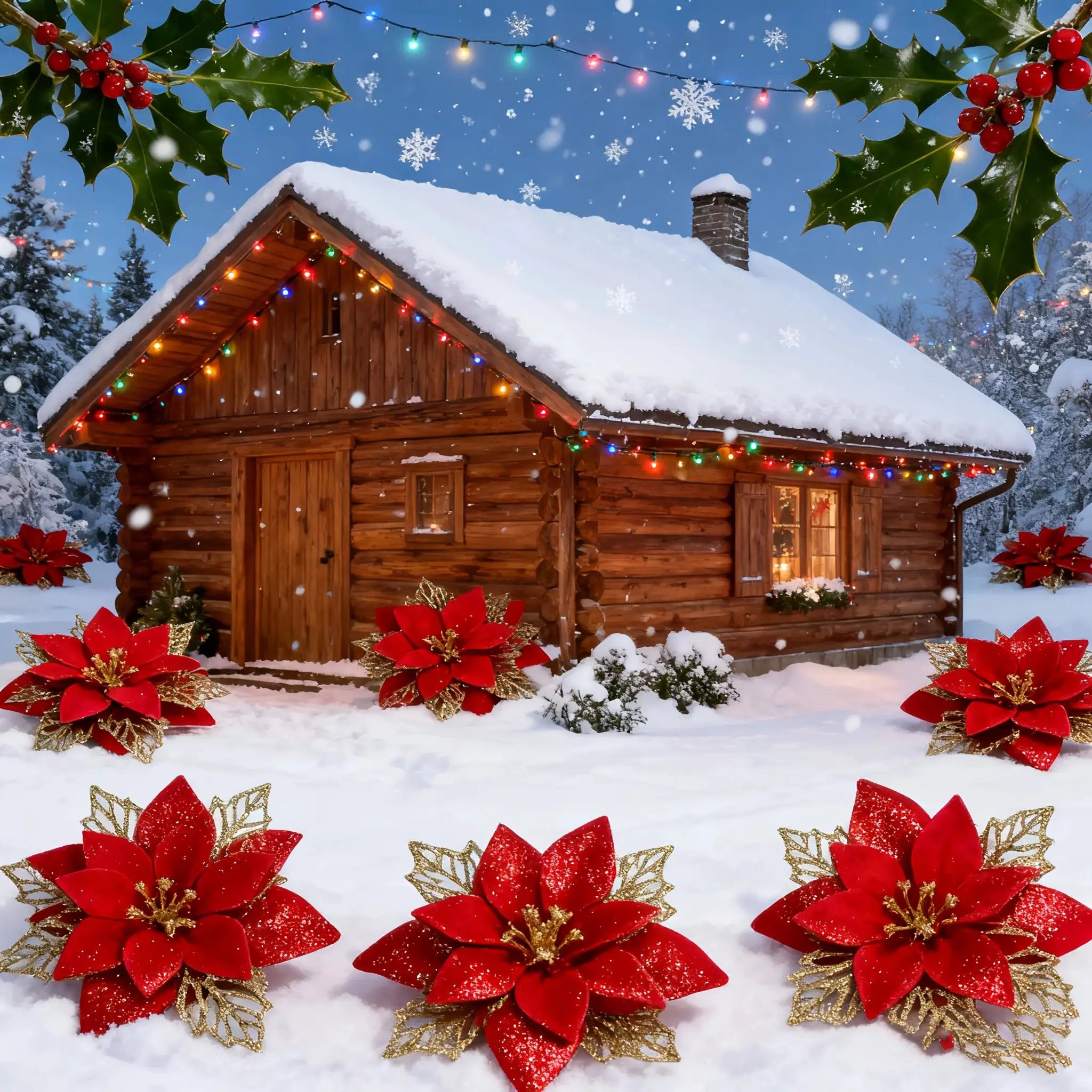 Artificial Christmas Flowers, 14cm Red with Golden Edges and Clips by House Of Avana
