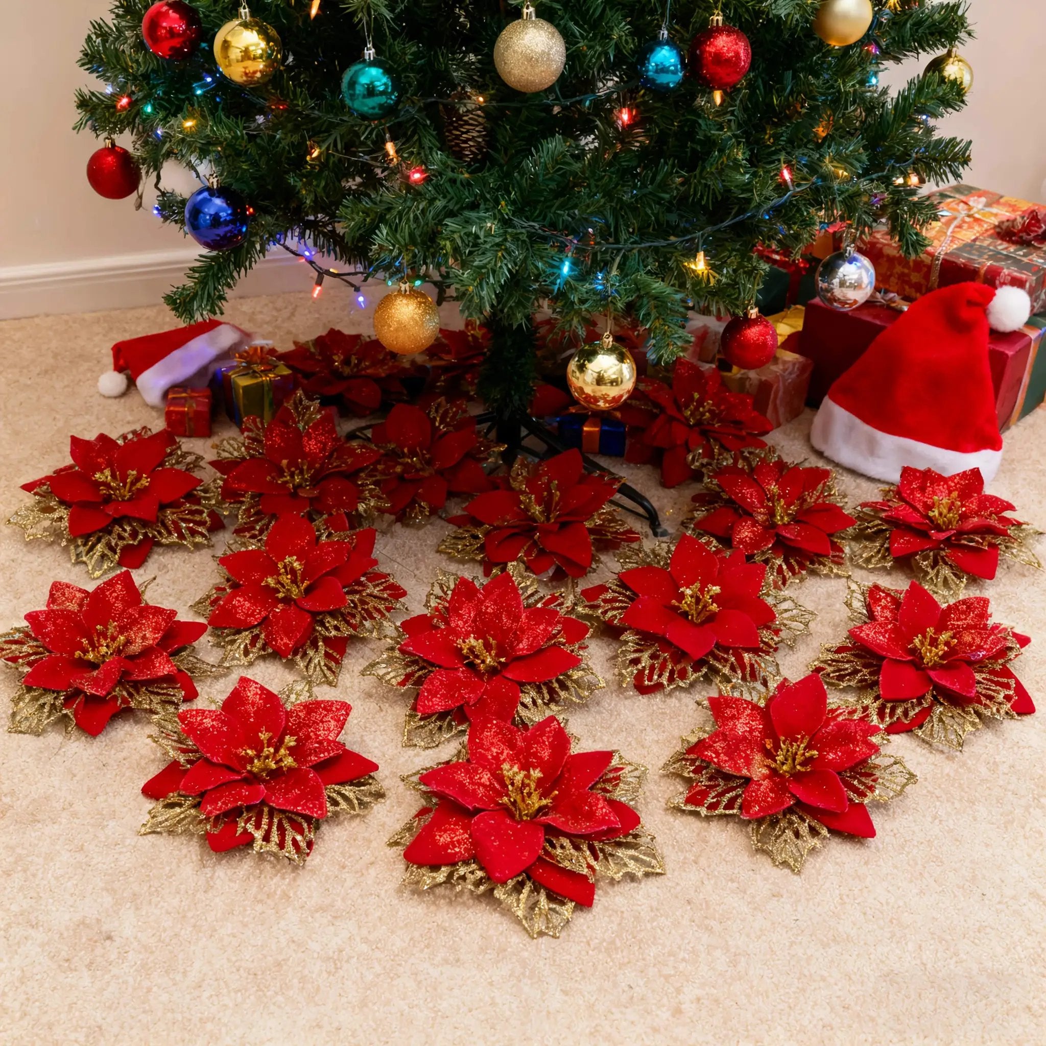 Artificial Christmas Flowers, 14cm Red with Golden Edges and Clips by House Of Avana