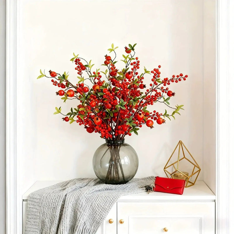 Artificial Floral Pomegranate Decoration with Red Winterberry Berries and Dark Stems by House Of Avana