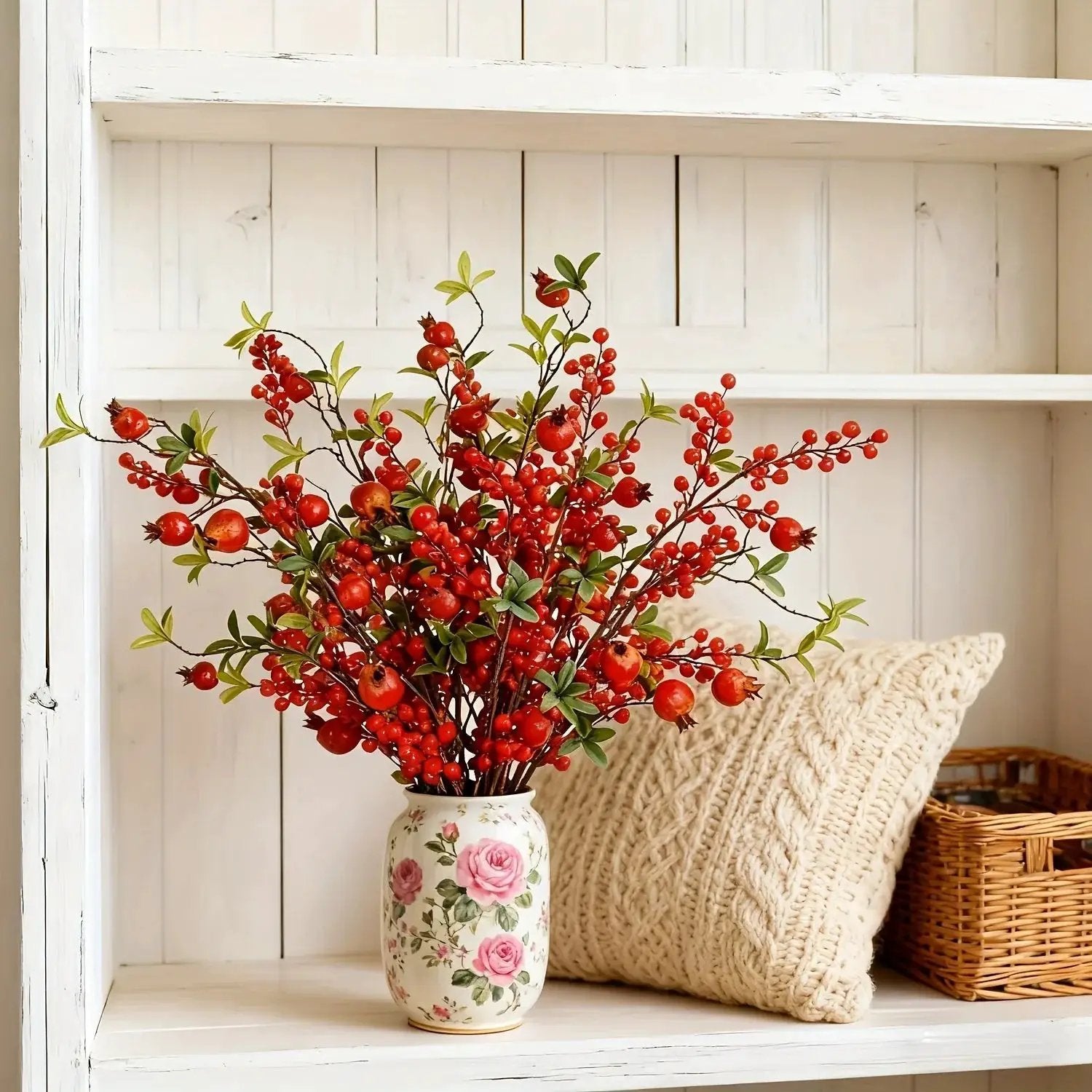 Artificial Floral Pomegranate Decoration with Red Winterberry Berries and Dark Stems by House Of Avana