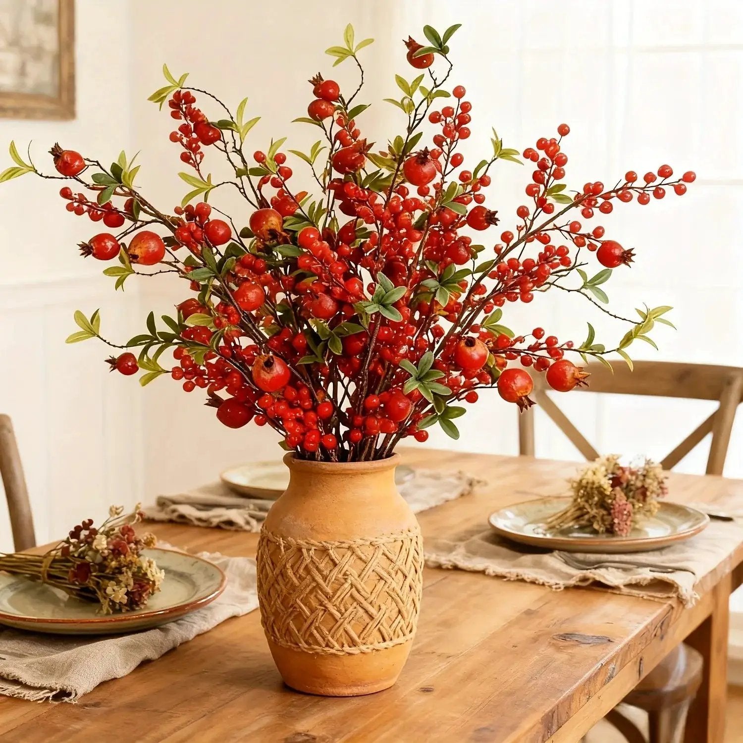 Artificial Floral Pomegranate Decoration with Red Winterberry Berries and Dark Stems by House Of Avana