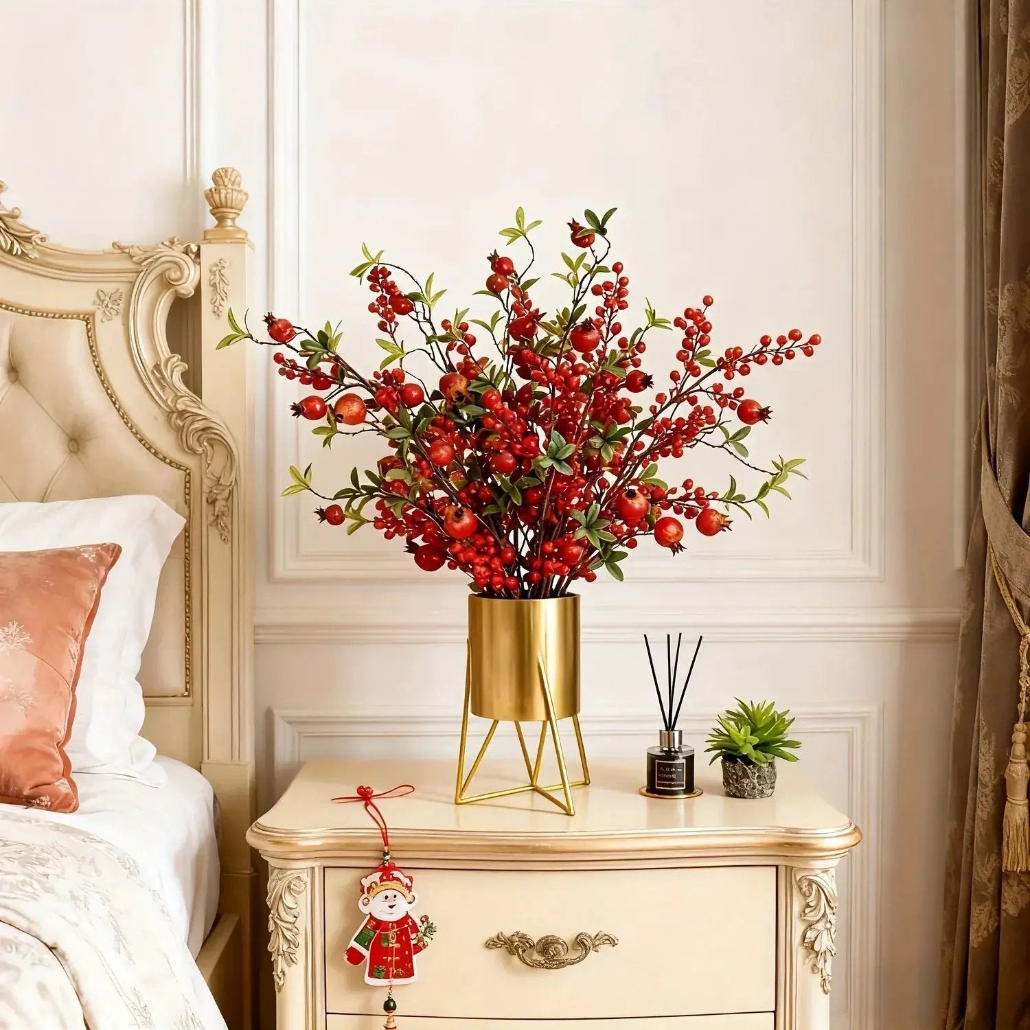 Artificial Floral Pomegranate Decoration with Red Winterberry Berries and Dark Stems by House Of Avana