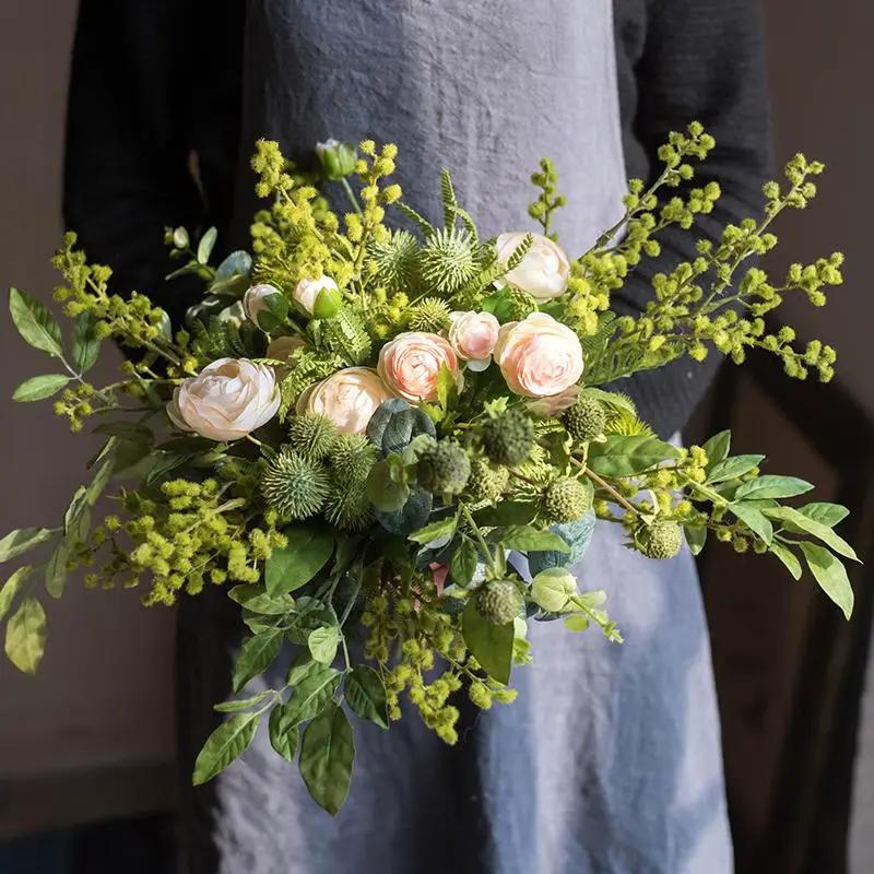 Artificial Flower Bouquet Greenery White Rose Bouquet 13" Tall by RusticReach