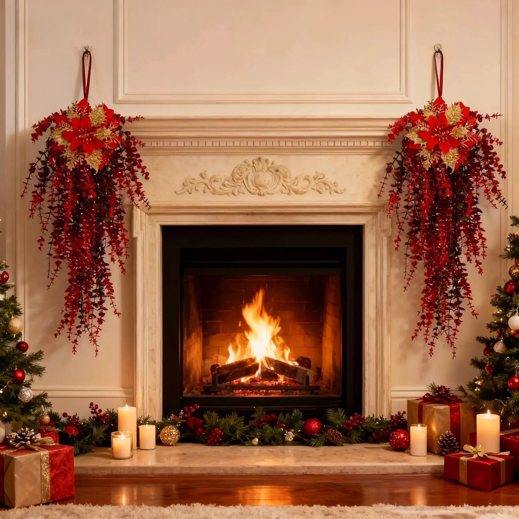 Artificial Flower Garland, Red and Golden-Pink Eucalyptus Poinsettia, 81cm Maintenance-Free by House Of Avana