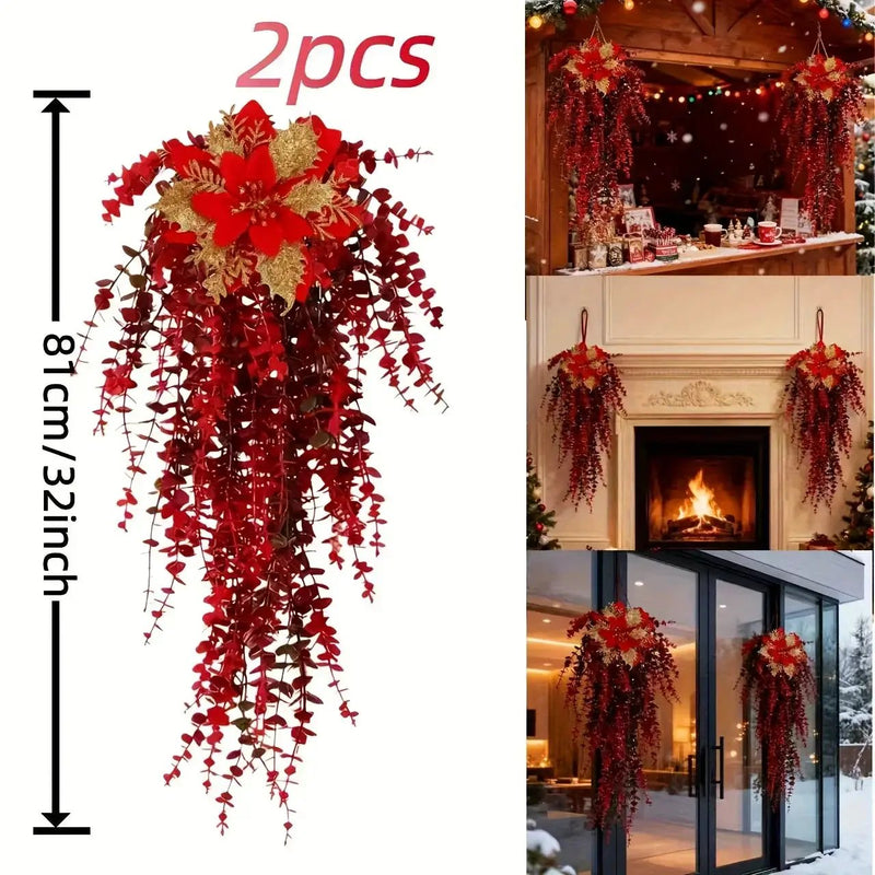 Artificial Flower Garland, Red and Golden-Pink Eucalyptus Poinsettia, 81cm Maintenance-Free by House Of Avana