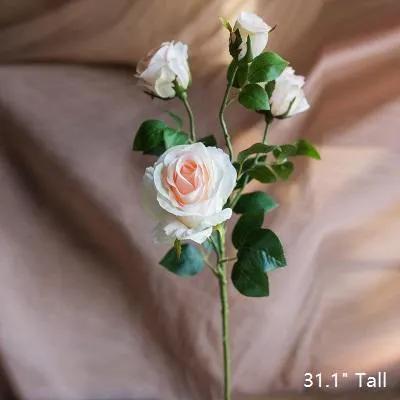 Faux Artificial Flower Silk 4 Rose Bloom Stem in Champagne Color 31" Tall by RusticReach