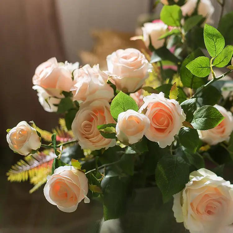 Faux Artificial Flower Silk 4 Rose Bloom Stem in Champagne Color 31" Tall by RusticReach