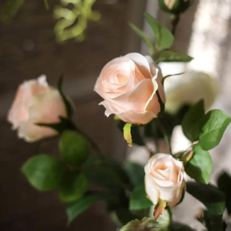 Faux Artificial Flower Silk 4 Rose Bloom Stem in Champagne Color 31" Tall by RusticReach
