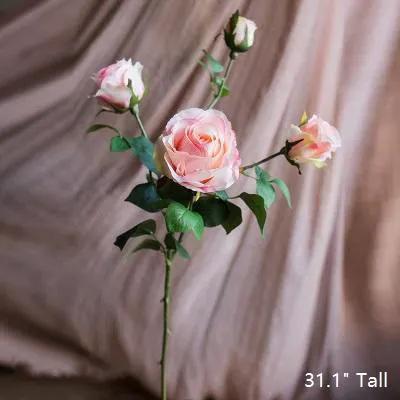 Faux Artificial Flower Silk 4 Rose Bloom Stem in Light Pink 31" Tall by RusticReach