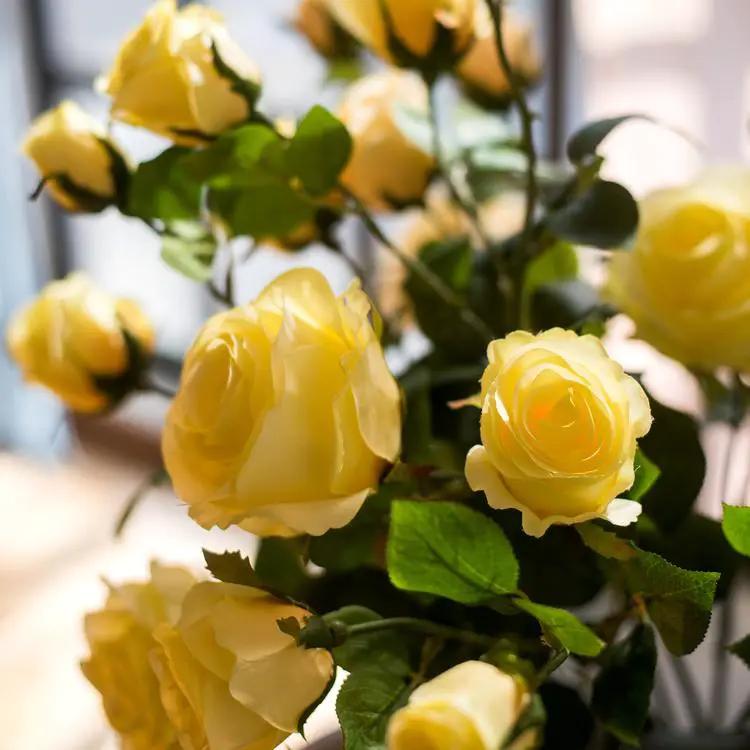 Faux Silk Artificial Flower Silk 4 Rose Bloom Stem in Yellow 31" Tall by RusticReach