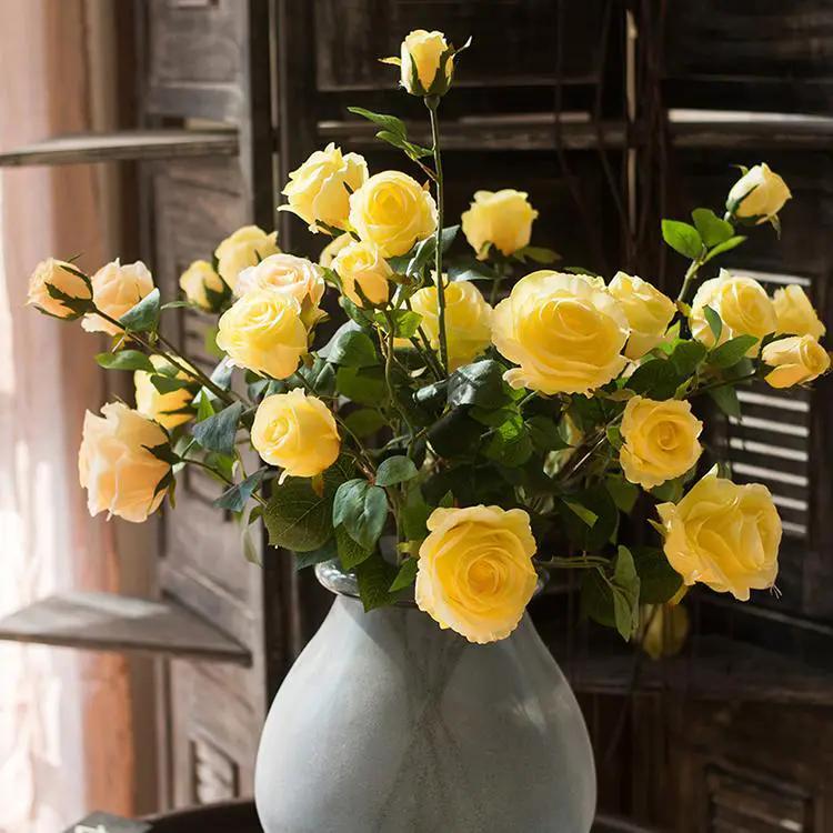 Faux Silk Artificial Flower Silk 4 Rose Bloom Stem in Yellow 31" Tall by RusticReach