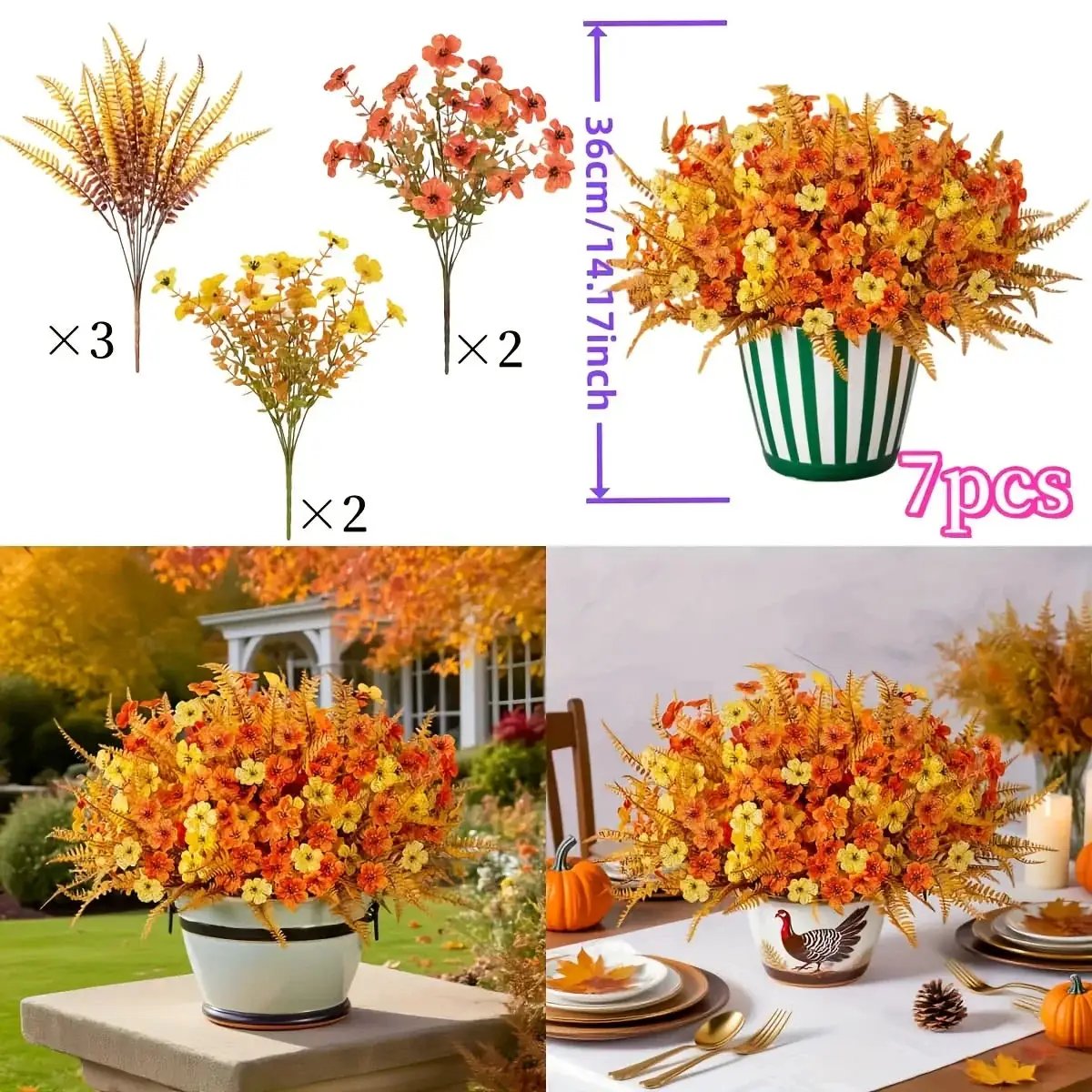 Artificial Flowers, Mixed Orange & Yellow Daisy, 7pcs Autumn Decoration by House Of Avana
