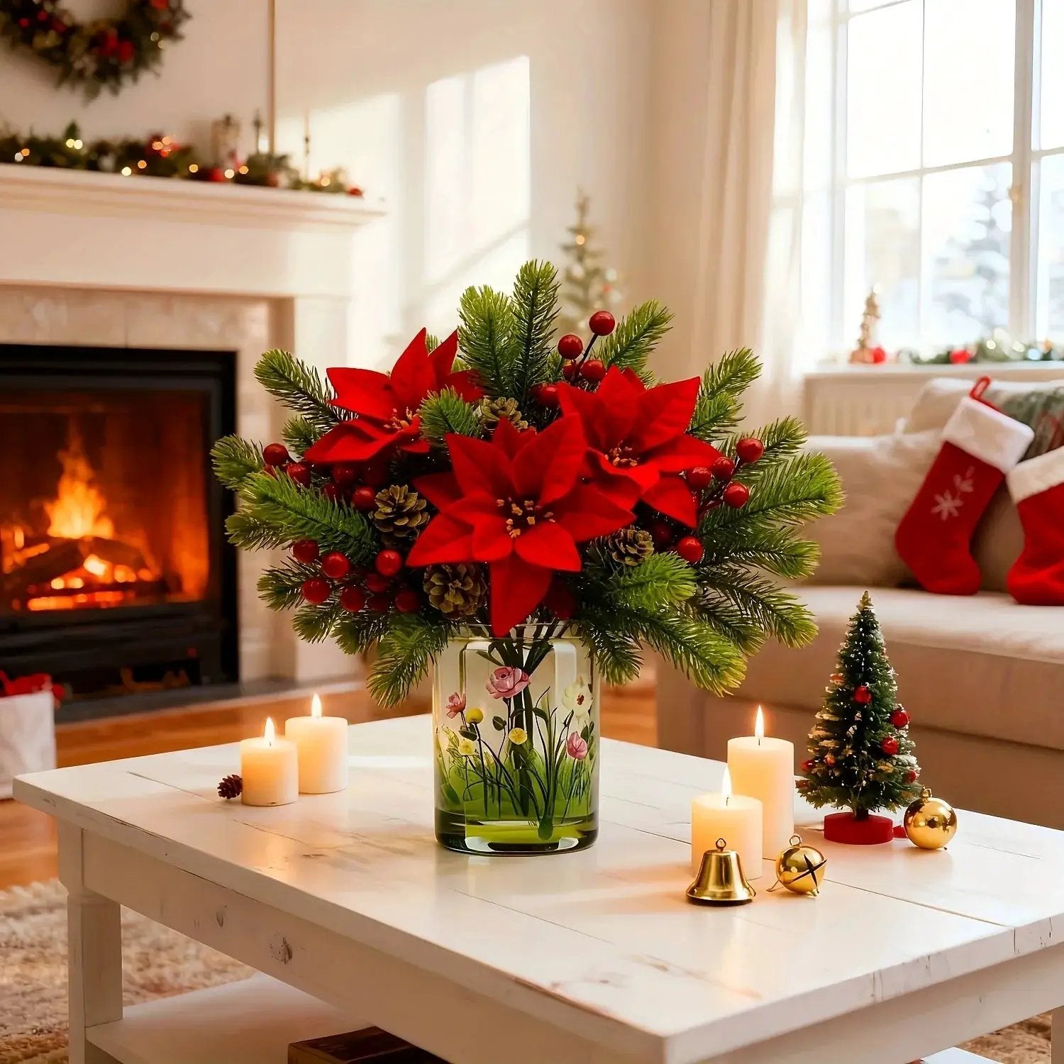 Artificial Flowers, Poinsettia Set of 5 Branches with Pine by House Of Avana