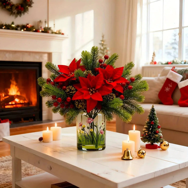 Artificial Flowers, Poinsettia Set of 5 Branches with Pine by House Of Avana