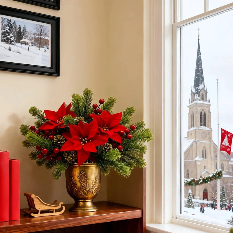 Artificial Flowers, Poinsettia Set of 5 Branches with Pine by House Of Avana