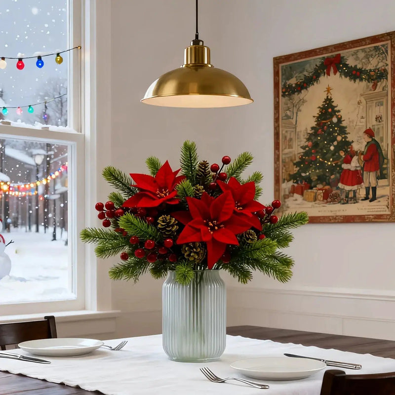 Artificial Flowers, Poinsettia Set of 5 Branches with Pine by House Of Avana