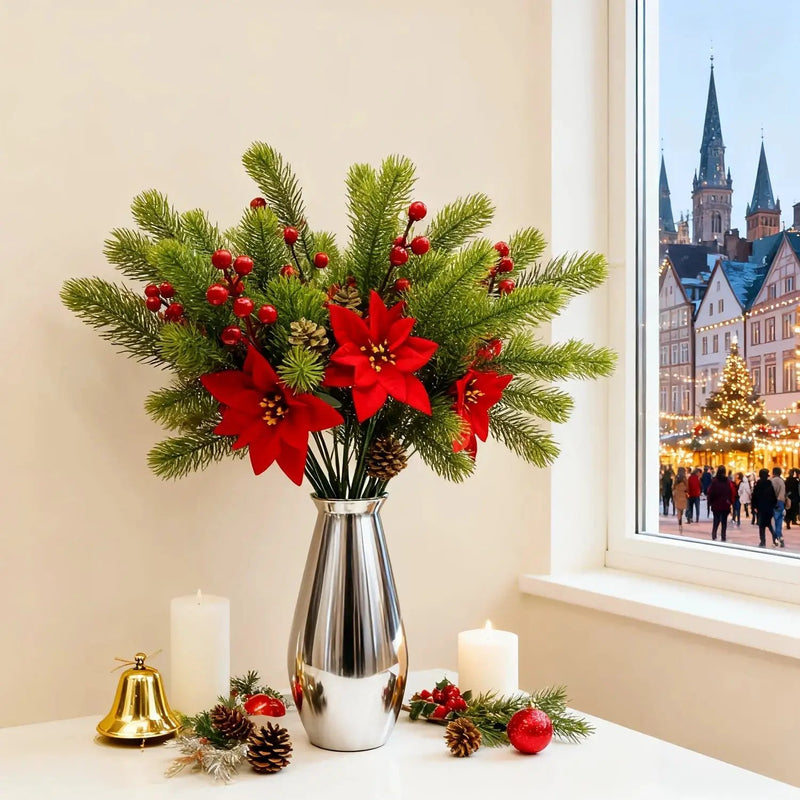 Artificial Flowers, Poinsettia Set of 5 Branches with Pine by House Of Avana