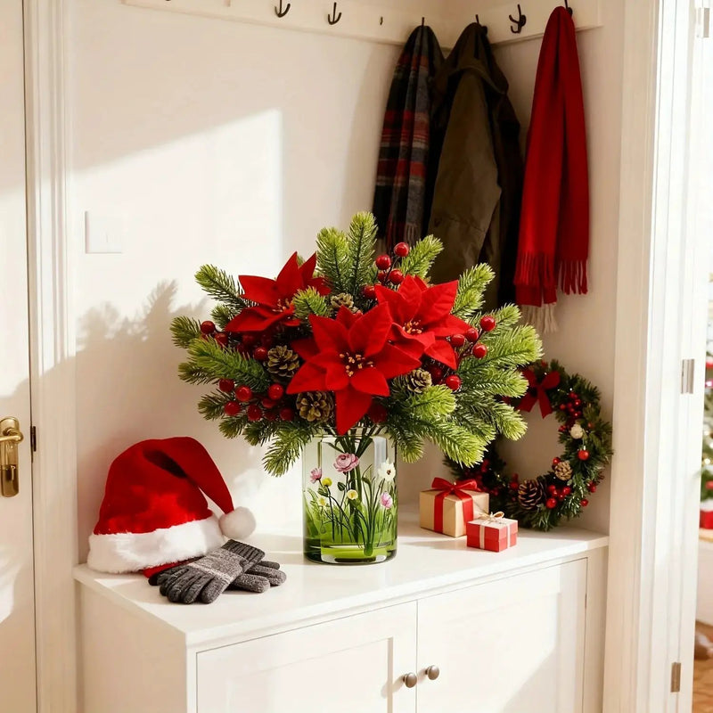 Artificial Flowers, Poinsettia Set of 5 Branches with Pine by House Of Avana