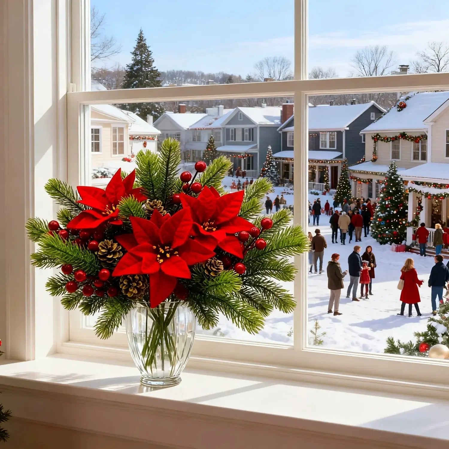 Artificial Flowers, Poinsettia Set of 5 Branches with Pine by House Of Avana