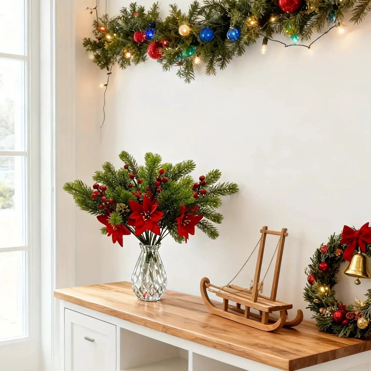 Artificial Flowers, Poinsettia Set of 5 Branches with Pine by House Of Avana