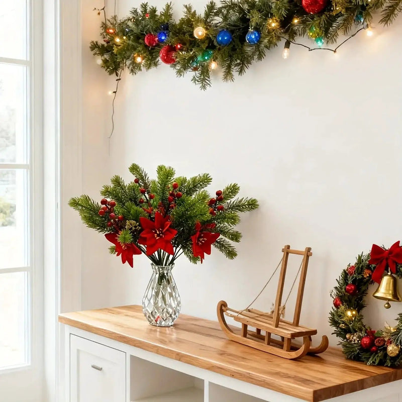 Artificial Flowers, Poinsettia Set of 5 Branches with Pine by House Of Avana
