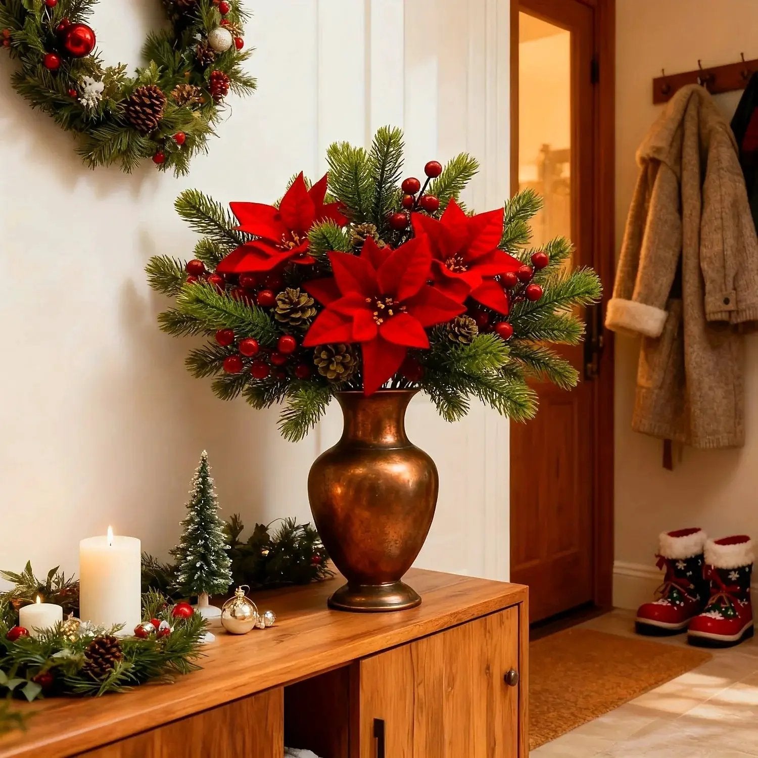 Artificial Flowers, Poinsettia Set of 5 Branches with Pine by House Of Avana