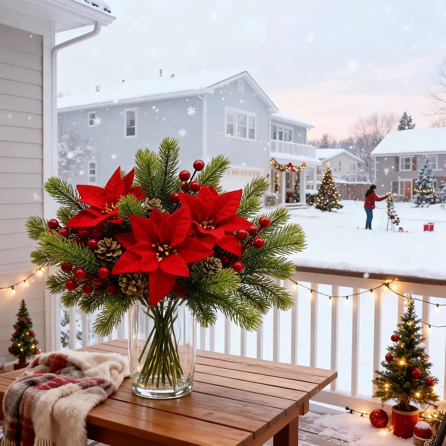Artificial Flowers, Poinsettia Set of 5 Branches with Pine by House Of Avana