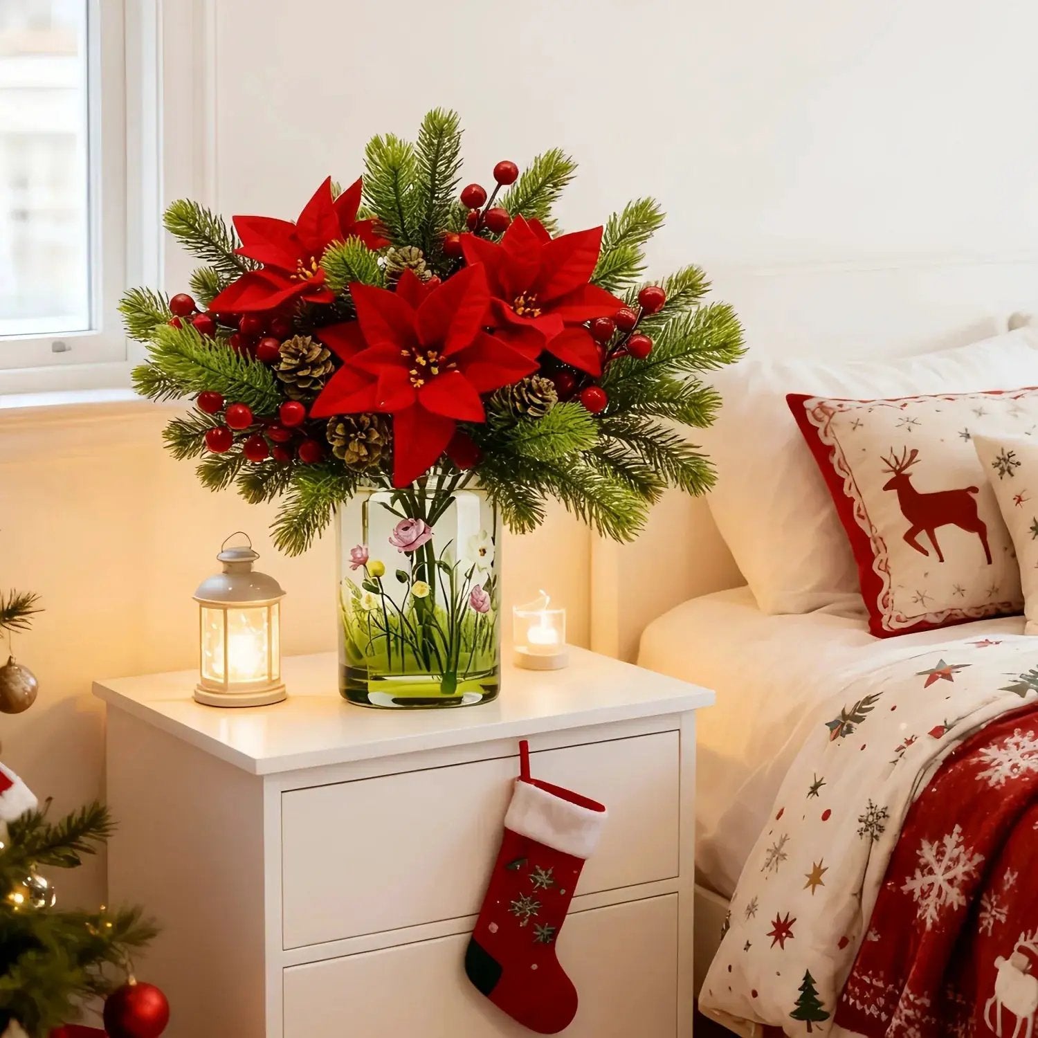Artificial Flowers, Poinsettia Set of 5 Branches with Pine by House Of Avana