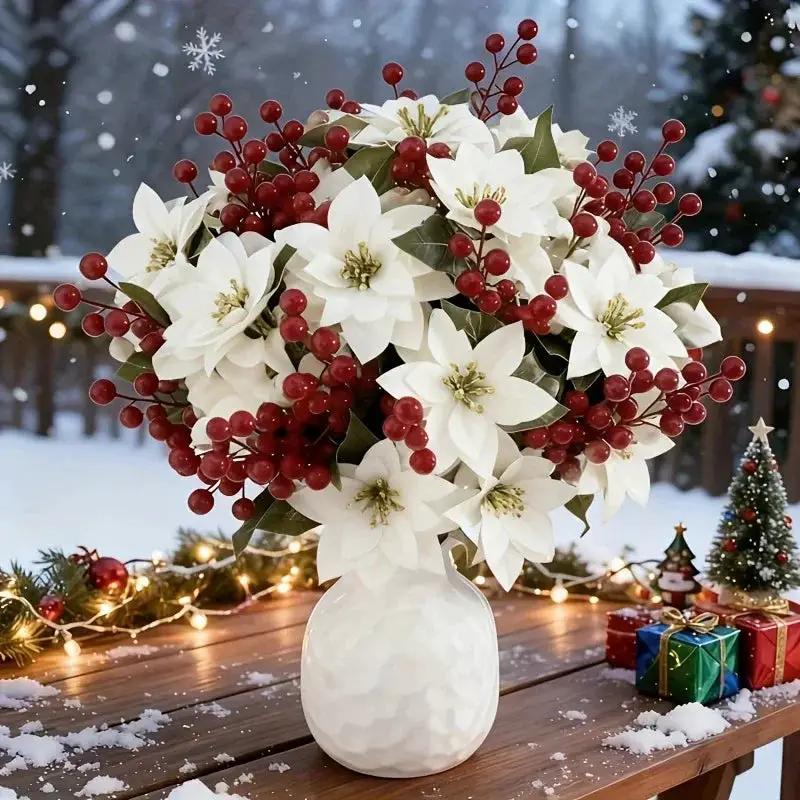 Artificial Flowers Poinsettia with 14 Stems, White and Red Berries by House Of Avana