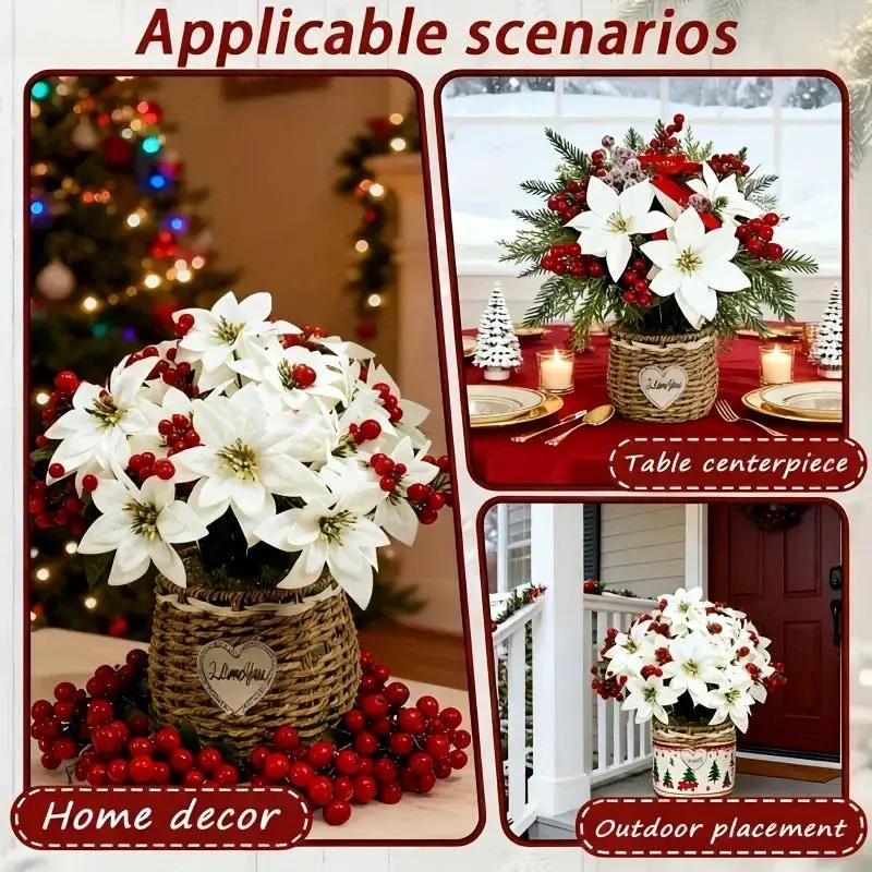 Artificial Flowers Poinsettia with 14 Stems, White and Red Berries by House Of Avana