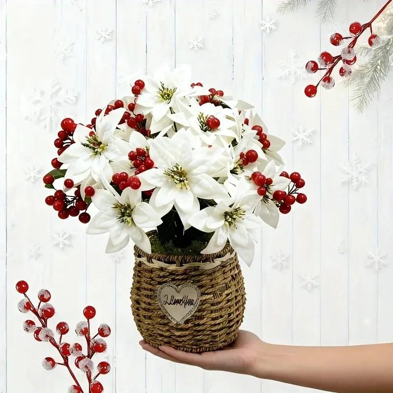 Artificial Flowers Poinsettia with 14 Stems, White and Red Berries by House Of Avana