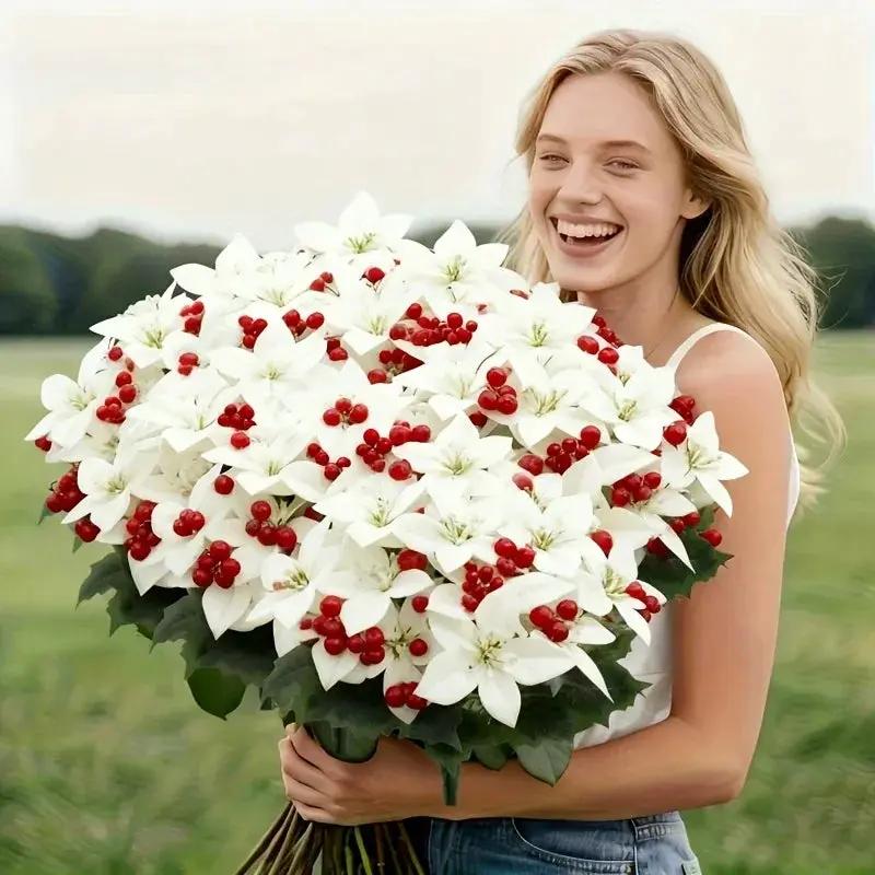 Artificial Flowers Poinsettia with 14 Stems, White and Red Berries by House Of Avana