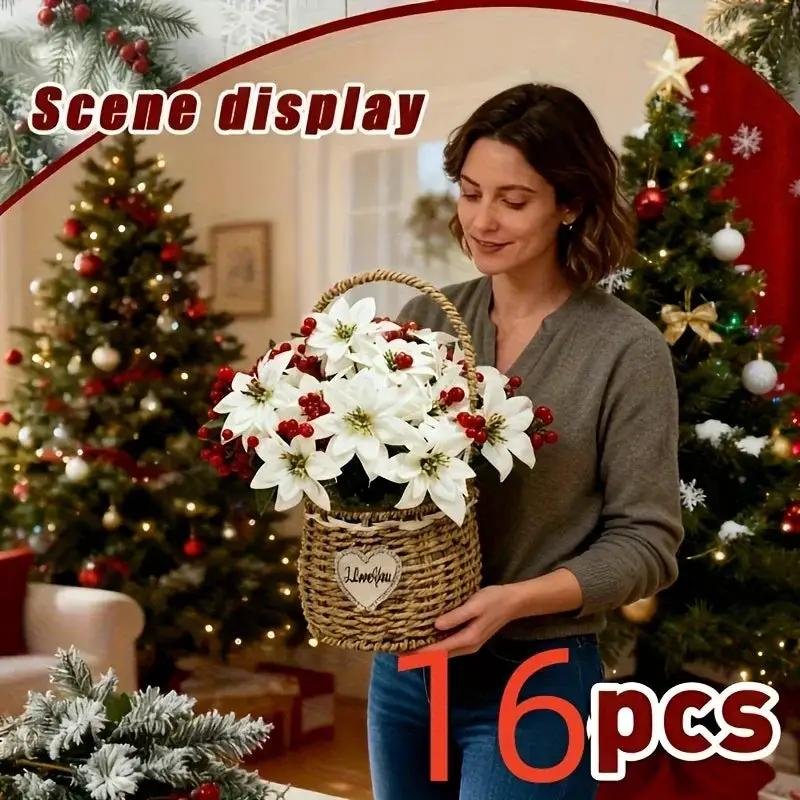 Artificial Flowers Poinsettia with 14 Stems, White and Red Berries by House Of Avana