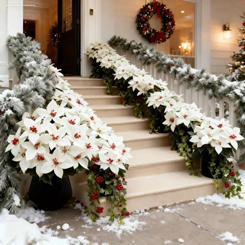 Artificial Flowers Poinsettia with 14 Stems, White and Red Berries by House Of Avana