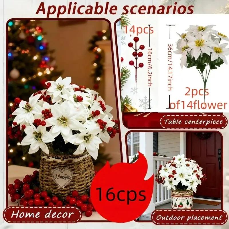 Artificial Flowers Poinsettia with 14 Stems, White and Red Berries by House Of Avana