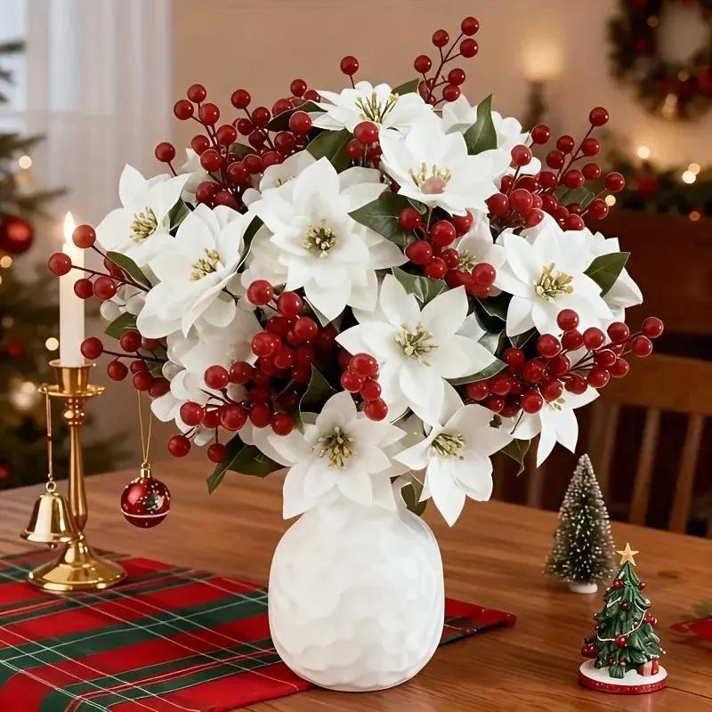 Artificial Flowers Poinsettia with 14 Stems, White and Red Berries by House Of Avana