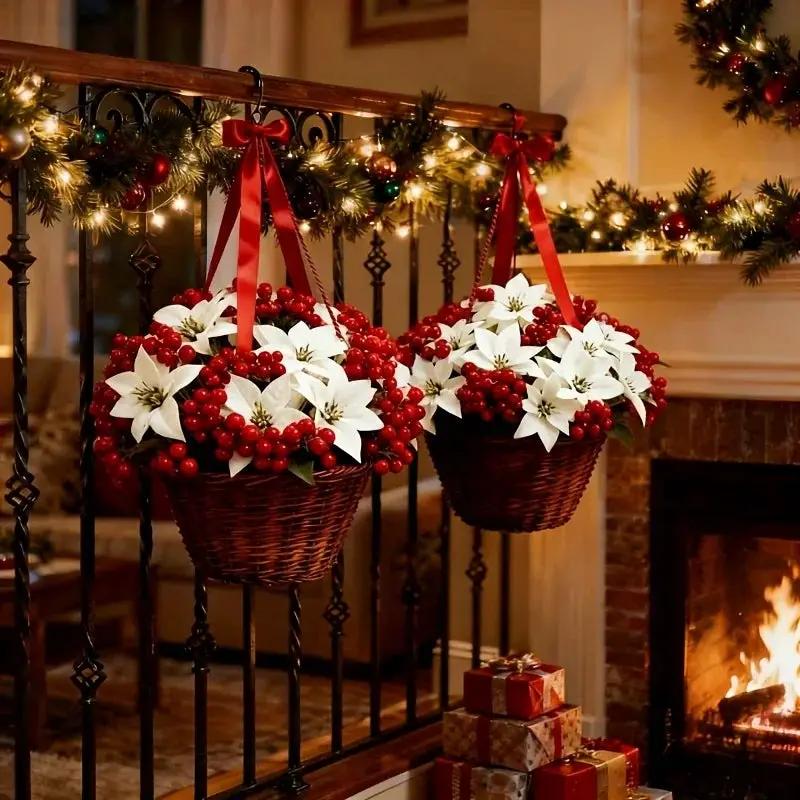 Artificial Flowers Poinsettia with 14 Stems, White and Red Berries by House Of Avana