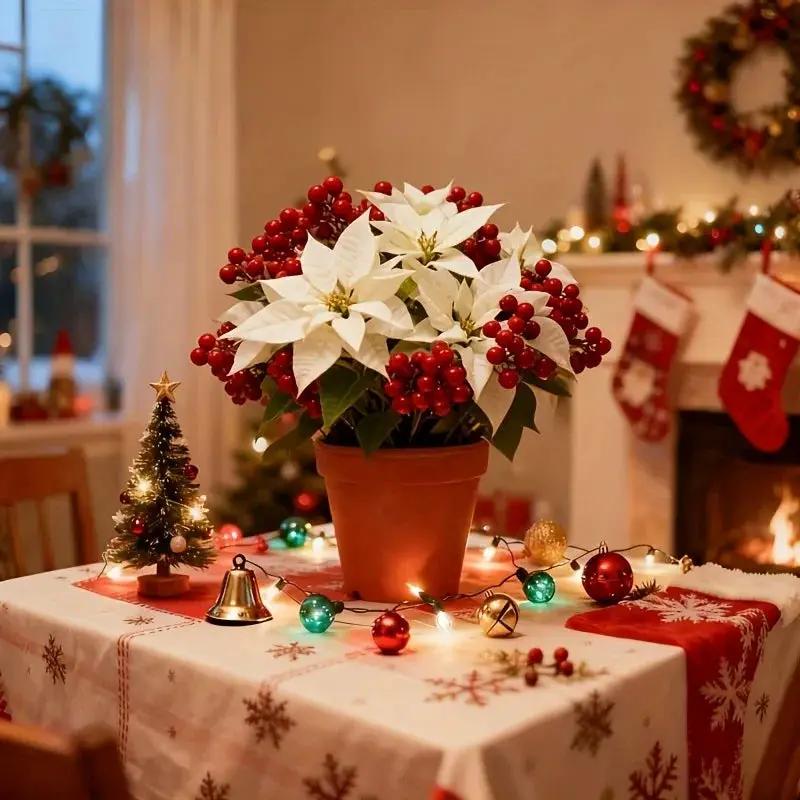 Artificial Flowers Poinsettia with 14 Stems, White and Red Berries by House Of Avana