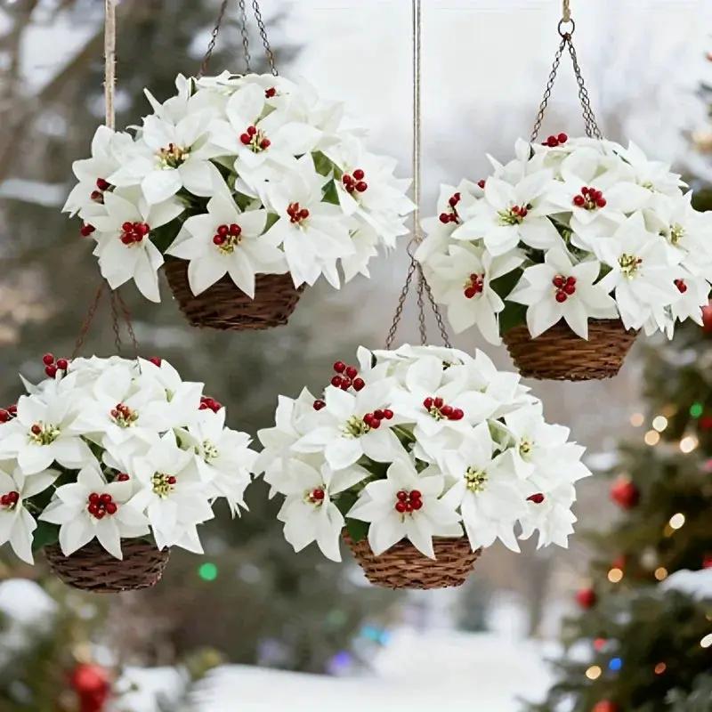 Artificial Flowers Poinsettia with 14 Stems, White and Red Berries by House Of Avana