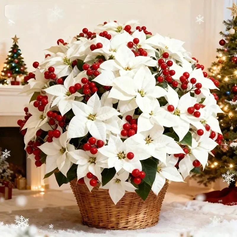 Artificial Flowers Poinsettia with 14 Stems, White and Red Berries by House Of Avana