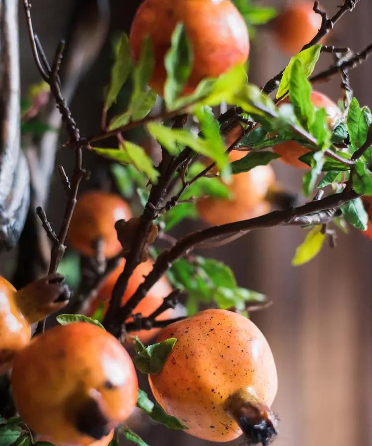 Artificial Fruit Yellow Orange Pomegranate Fruit Stem 36" Tall by RusticReach