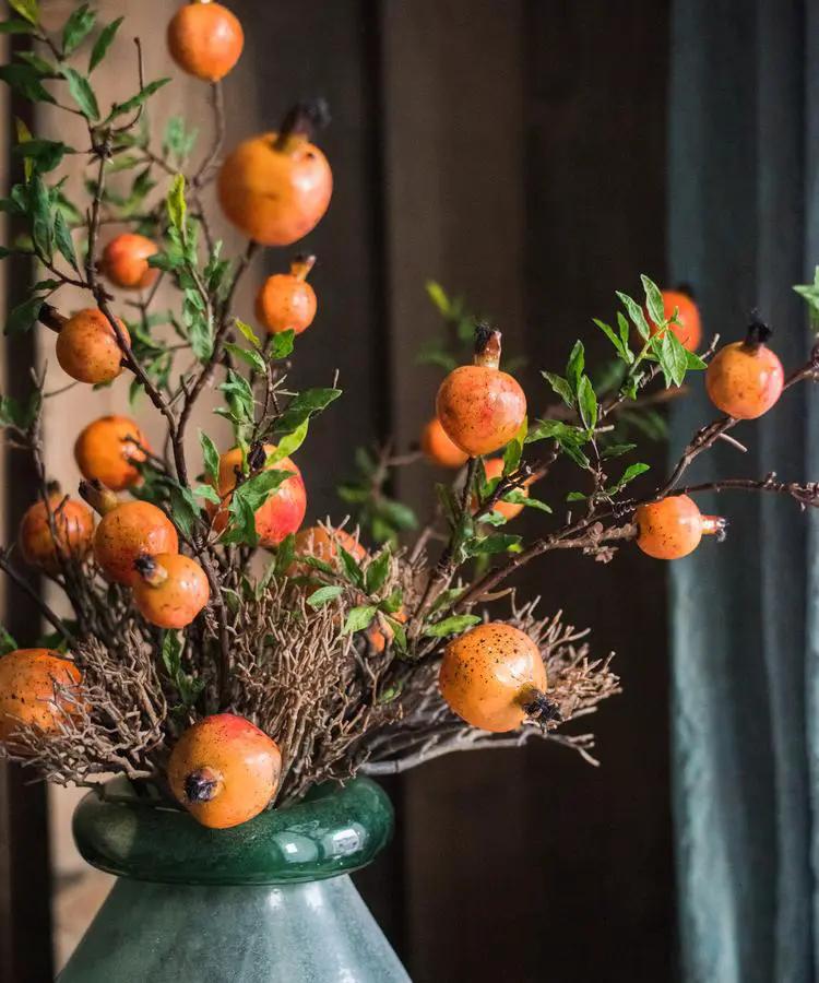 Artificial Fruit Yellow Orange Pomegranate Fruit Stem 36" Tall by RusticReach