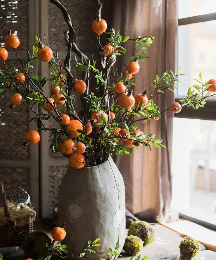 Artificial Fruit Yellow Orange Pomegranate Fruit Stem 36" Tall by RusticReach