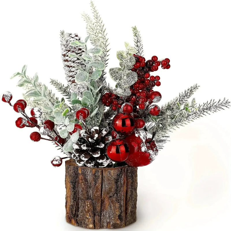 Artificial Mini Christmas Tree Centerpiece with Red Berries, Pine Cones, and Greenery in Faux Tree Stump by House Of Avana