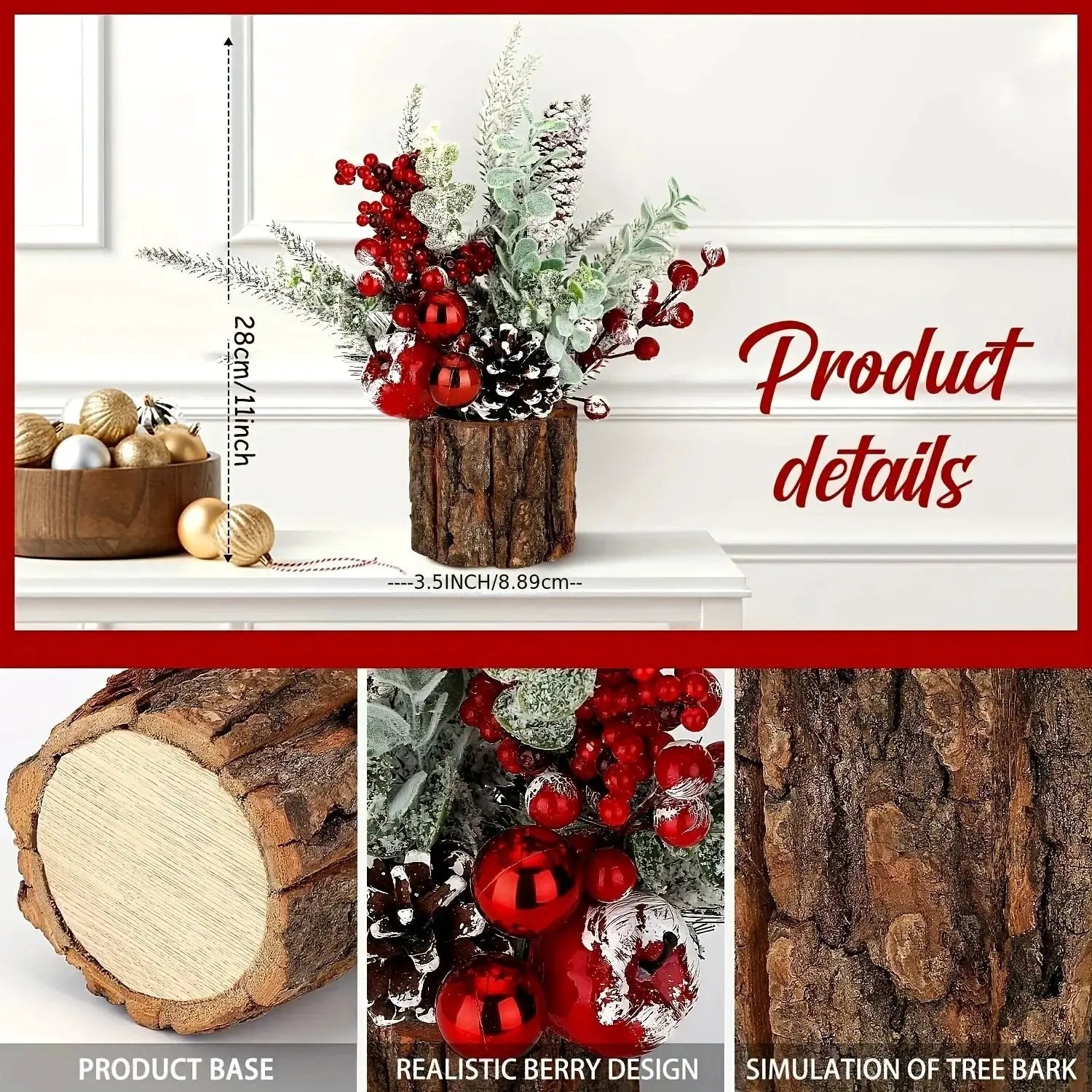 Artificial Mini Christmas Tree Centerpiece with Red Berries, Pine Cones, and Greenery in Faux Tree Stump by House Of Avana