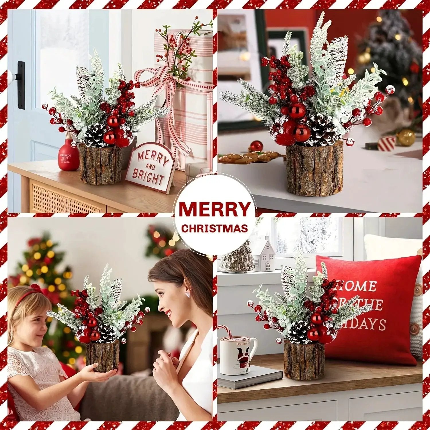Artificial Mini Christmas Tree Centerpiece with Red Berries, Pine Cones, and Greenery in Faux Tree Stump by House Of Avana