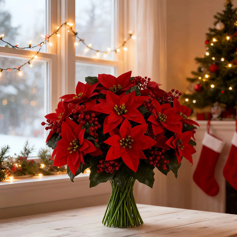 Artificial Poinsettia Flower Bundle - Red 12pc Christmas Wreath with Foliage by House Of Avana
