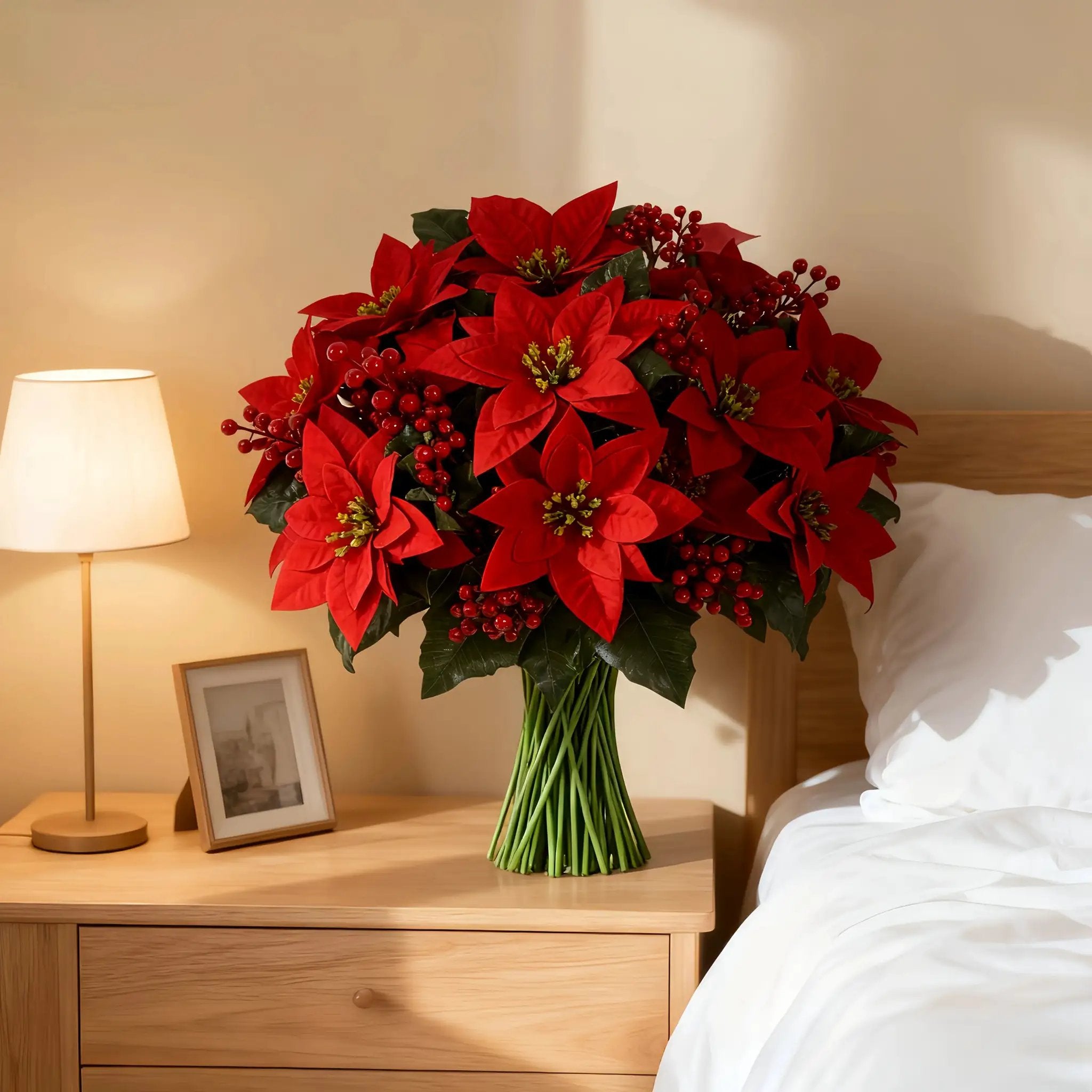 Artificial Poinsettia Flower Bundle - Red 12pc Christmas Wreath with Foliage by House Of Avana