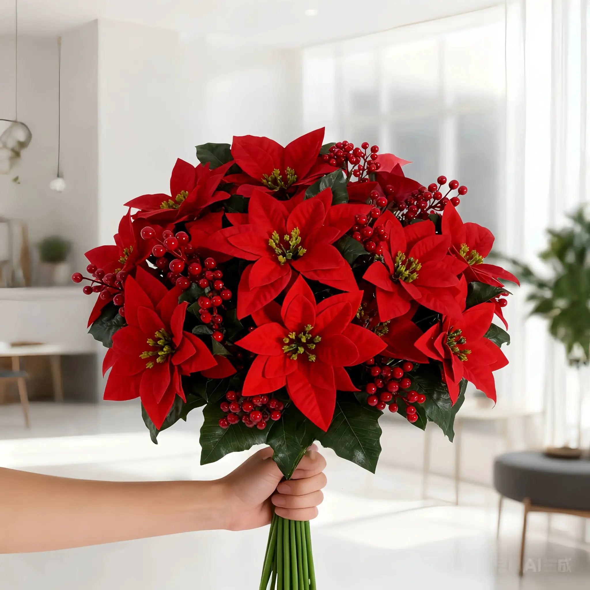 Artificial Poinsettia Flower Bundle - Red 12pc Christmas Wreath with Foliage by House Of Avana