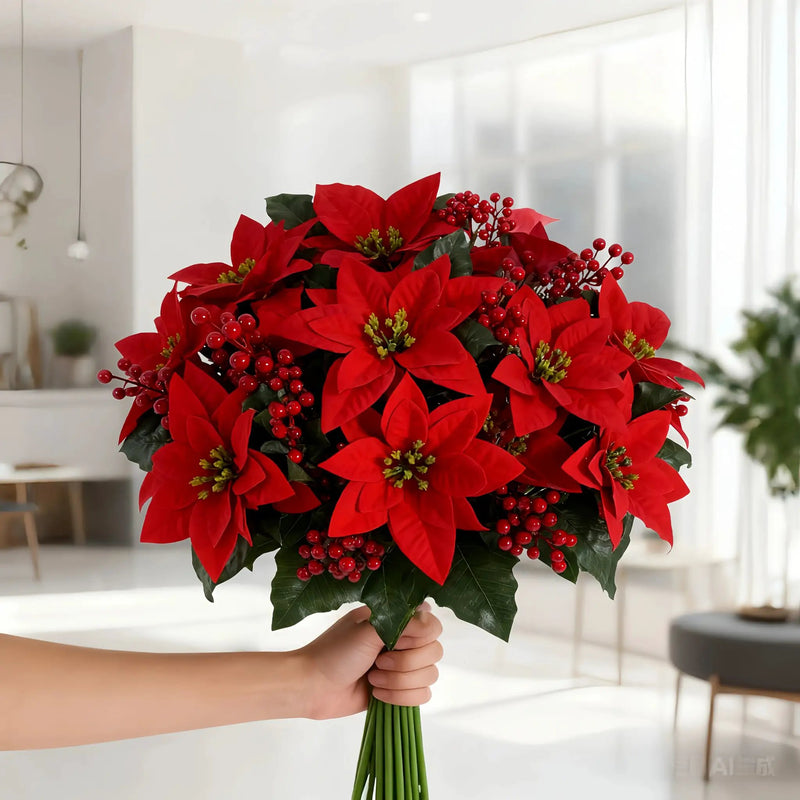 Artificial Poinsettia Flower Bundle - Red 12pc Christmas Wreath with Foliage by House Of Avana